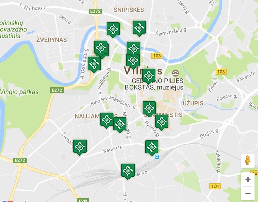Google Maps Vilniaus centro žemėlapis su sužymėtais pabėgimo kambariais